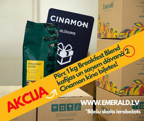 Kafijas pupiņas "Breakfast Blend" 1 kg +2 CINAMON kino biļetes